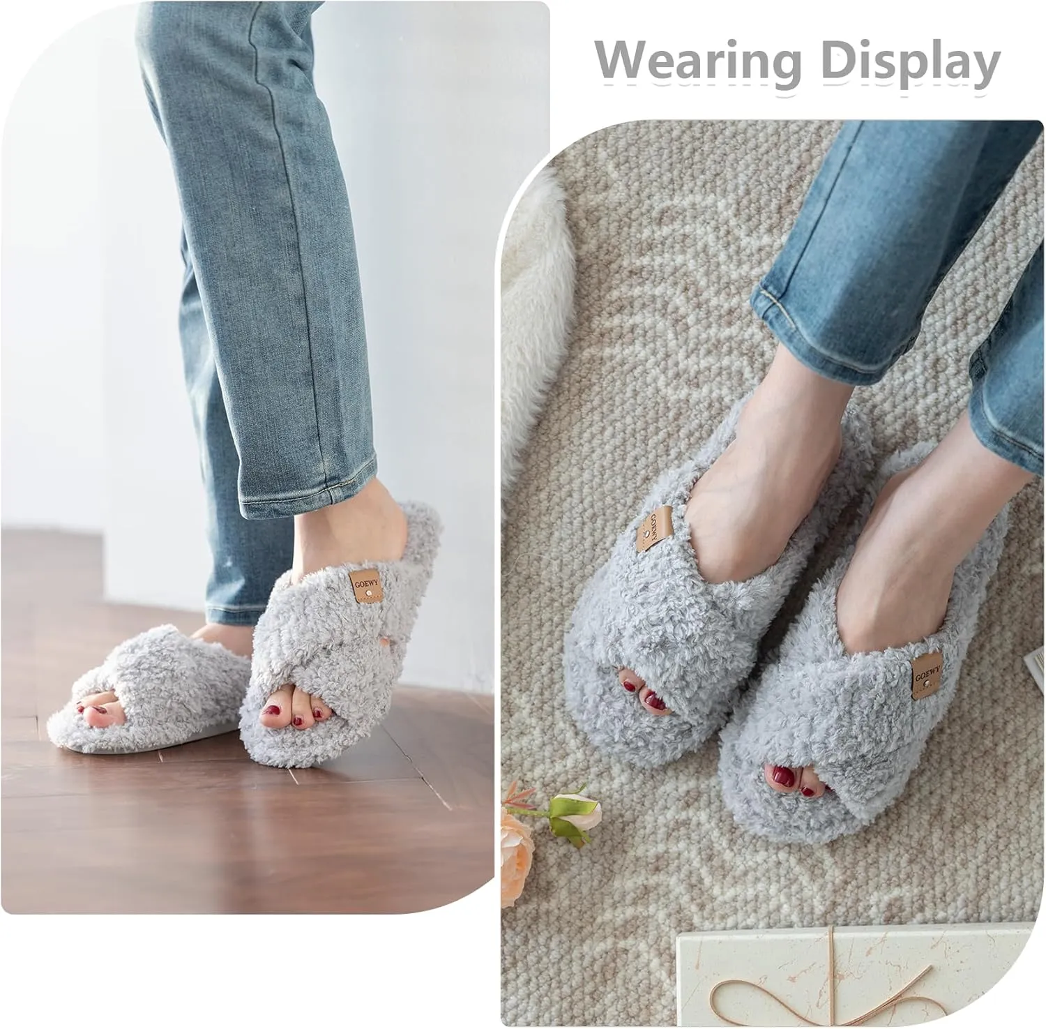 Fuzzy Open Toe Slippers for Women Indoor and Outdoor with Memory Foam Cozy Cross Band Cute Slipper Soft House Shoes Slides Slip On Gifts for Women Mom Her Ladies Bridesmaid