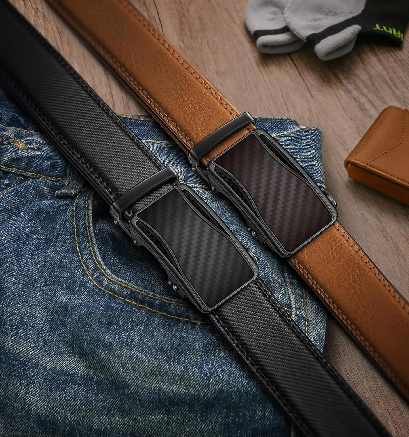 KEMISANT Mens Ratchet Belt 2 Units,Sliding Belt For Gift Mens Dress Casual 1 3/8",Size Adjustable