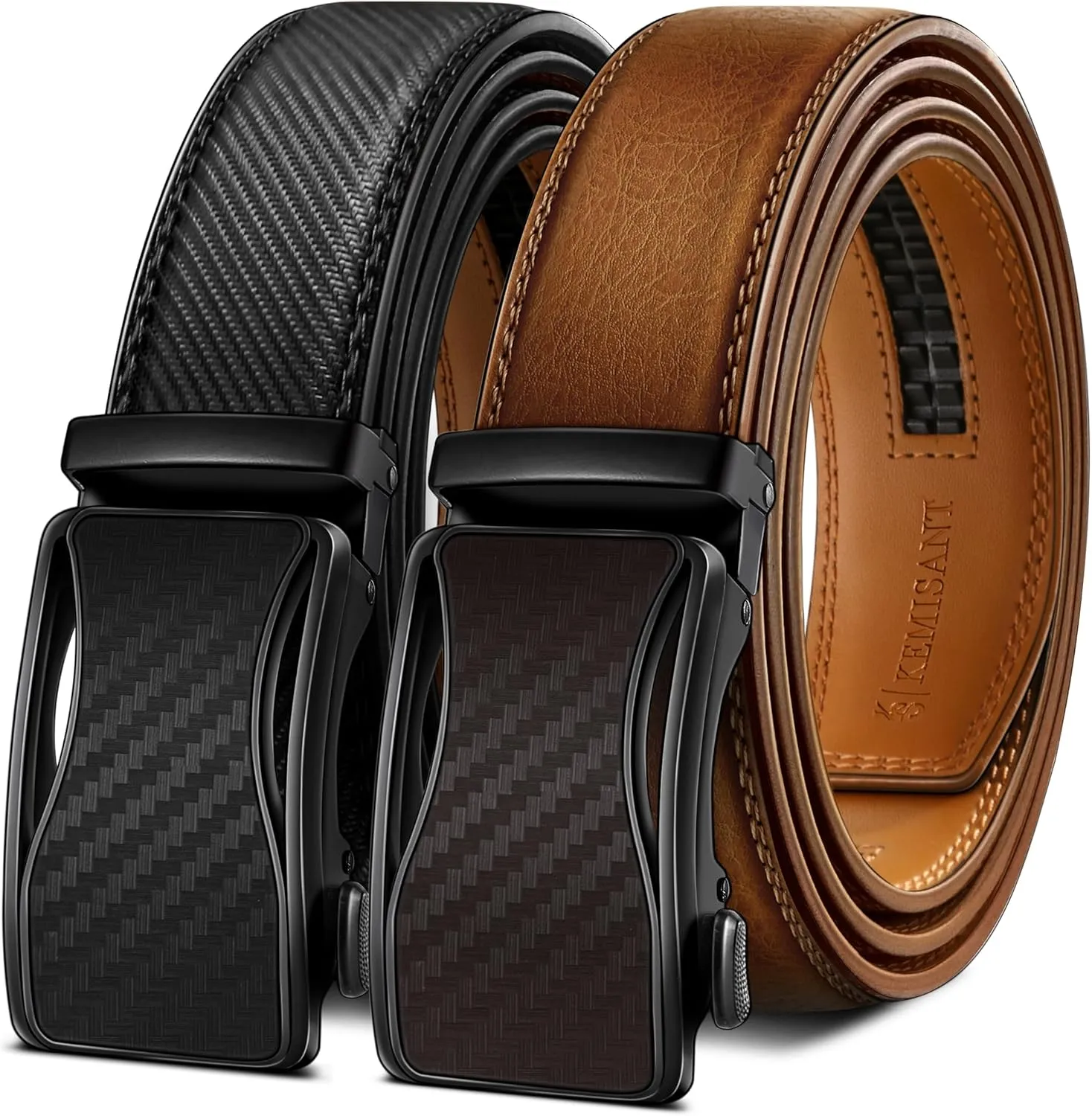 KEMISANT Mens Ratchet Belt 2 Units,Sliding Belt For Gift Mens Dress Casual 1 3/8",Size Adjustable