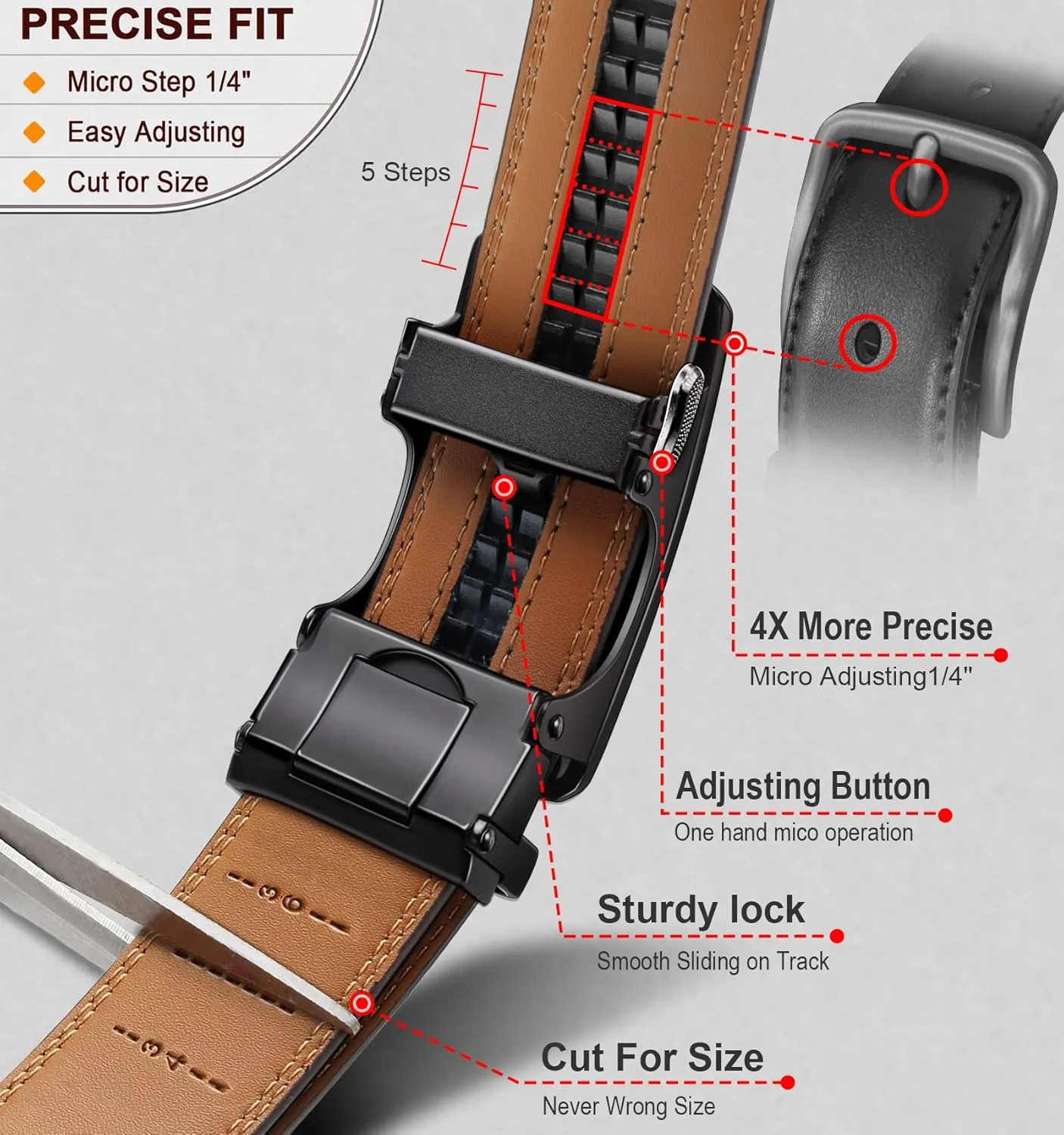 KEMISANT Mens Ratchet Belt 2 Units,Sliding Belt For Gift Mens Dress Casual 1 3/8",Size Adjustable