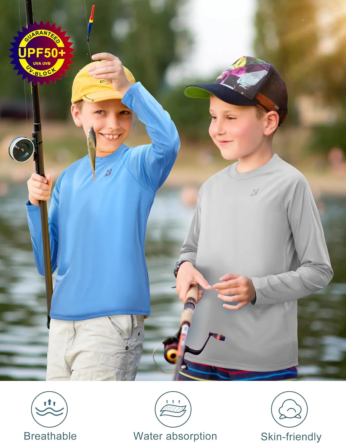 Roadbox Boys UPF 50  Rash Guard Swim Shirt, Kids Long Sleeve Sun Protection Shirts, Youth UV Athletic Beach Rashguard