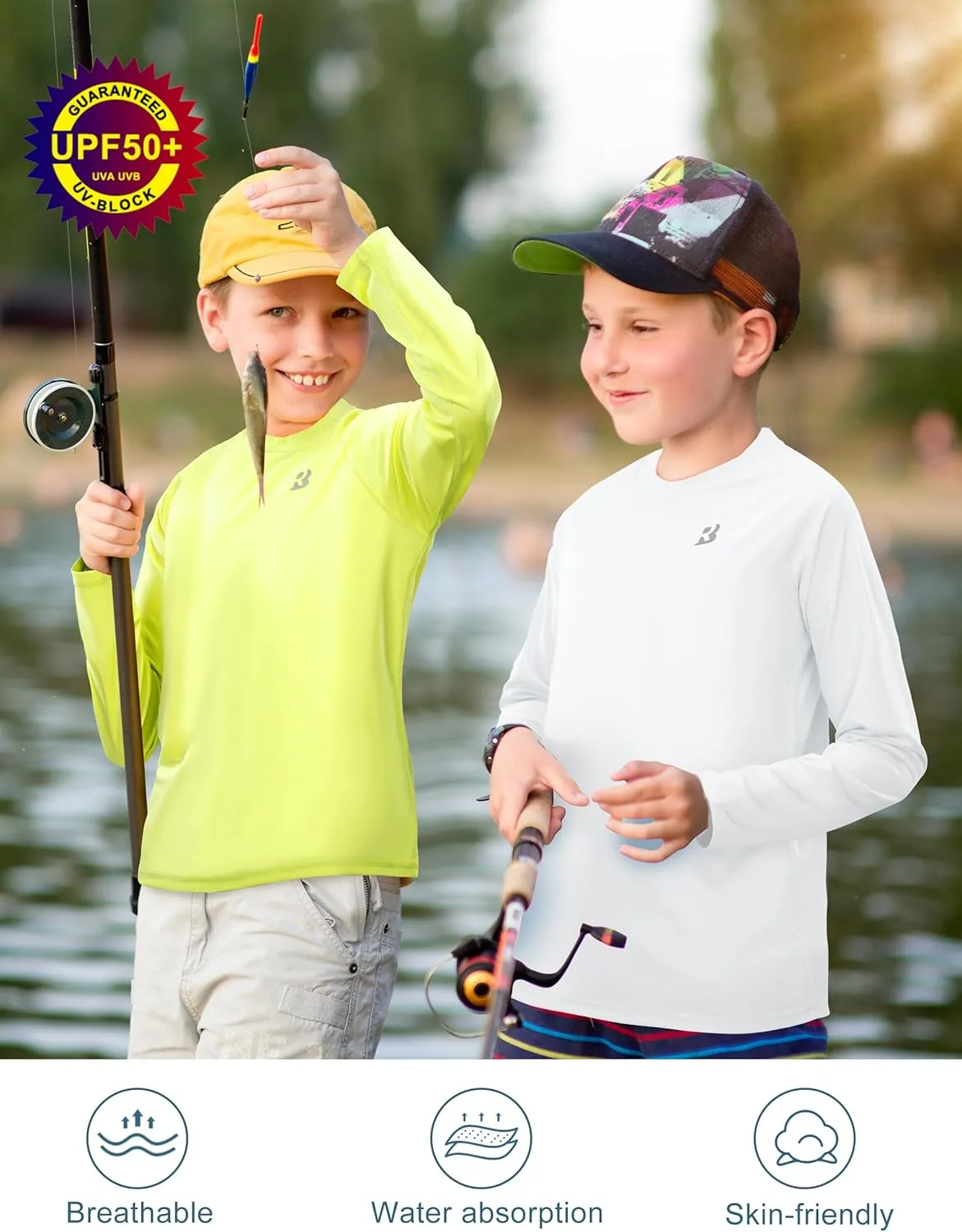 Roadbox Boys UPF 50  Rash Guard Swim Shirt, Kids Long Sleeve Sun Protection Shirts, Youth UV Athletic Beach Rashguard